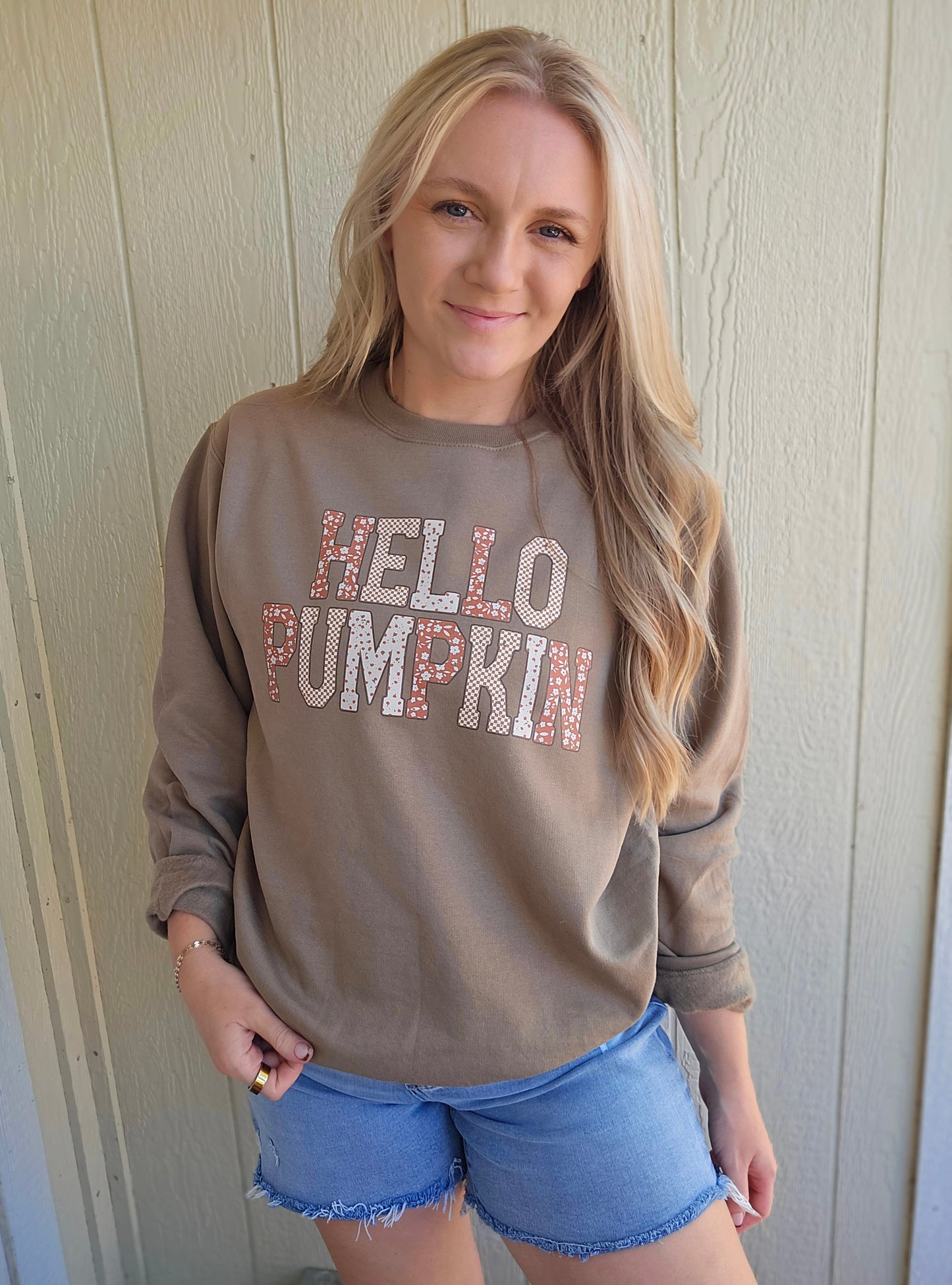 HELLO PUMPKIN Taupe Brown Crewneck Sweatshirt