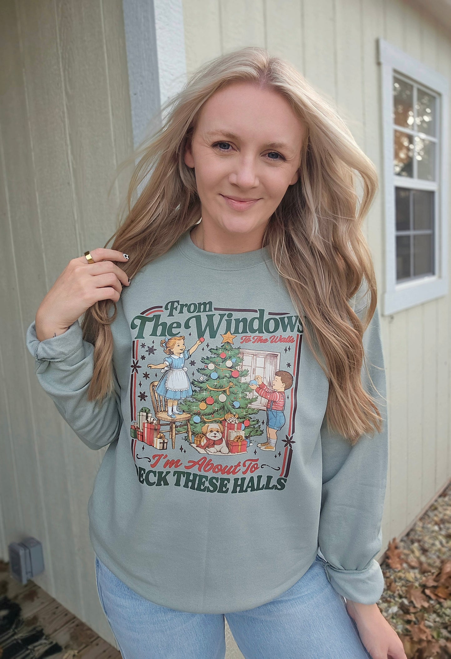 DECK THESE HALLS Sage Green Crewneck Sweatshirt