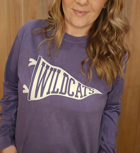 WILDCATS PENNANT Purple Vintage Wash Long Sleeve Vintage Tee