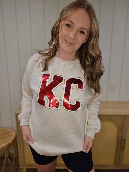 KC Red Sequin Heather Oatmeal Crewneck Sweatshirt