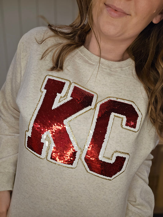 KC Red Sequin Heather Oatmeal Crewneck Sweatshirt