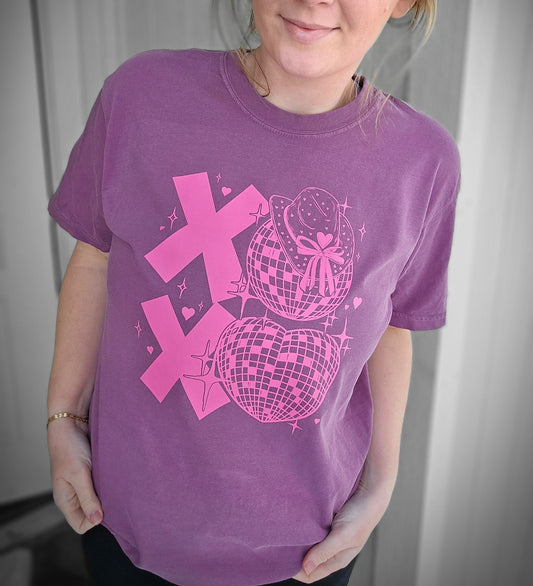 XOXO SPARKLE COWBOY Berry Vintage Wash Short Sleeve Tee