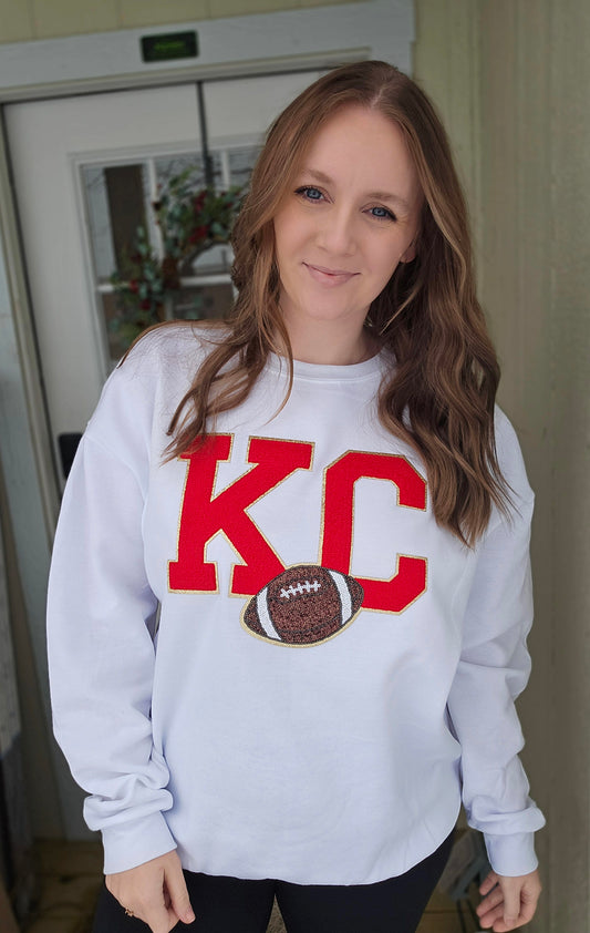 KC FOOTBALL Sequin Patch White Crewneck