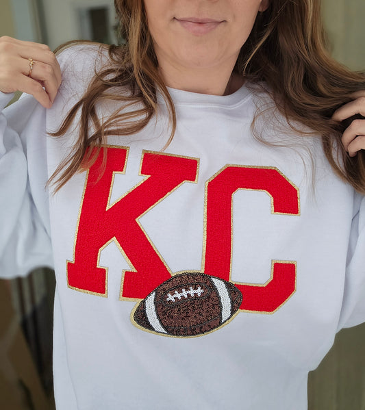 KC FOOTBALL Sequin Patch White Crewneck