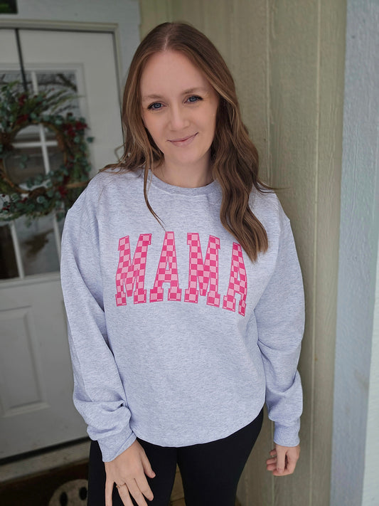 MAMA Pink Checkered Ash Grey Crewneck Sweatshirt
