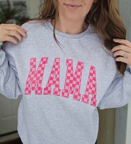 MAMA Pink Checkered Ash Grey Crewneck Sweatshirt