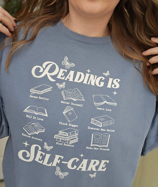READING IS SELF-CARE Denim Blue Vintage Wash Crewneck