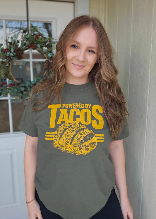 POWERED BY TACOS Olive Vintage Wash Short Sleeve Tee