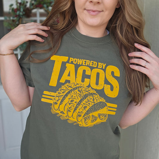POWERED BY TACOS Olive Vintage Wash Short Sleeve Tee