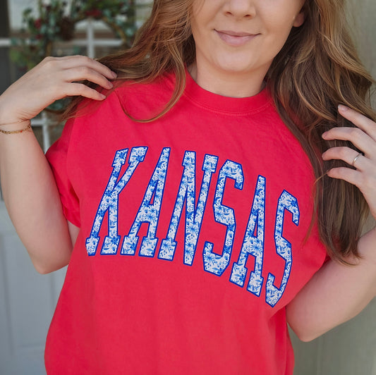 KANSAS Varsity Floral Neon Red Vintage Wash Tee