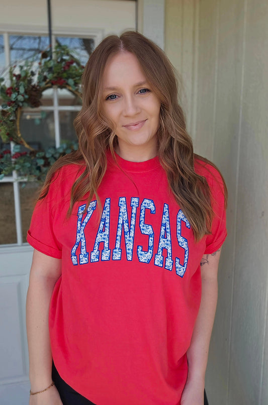KANSAS Varsity Floral Neon Red Vintage Wash Tee