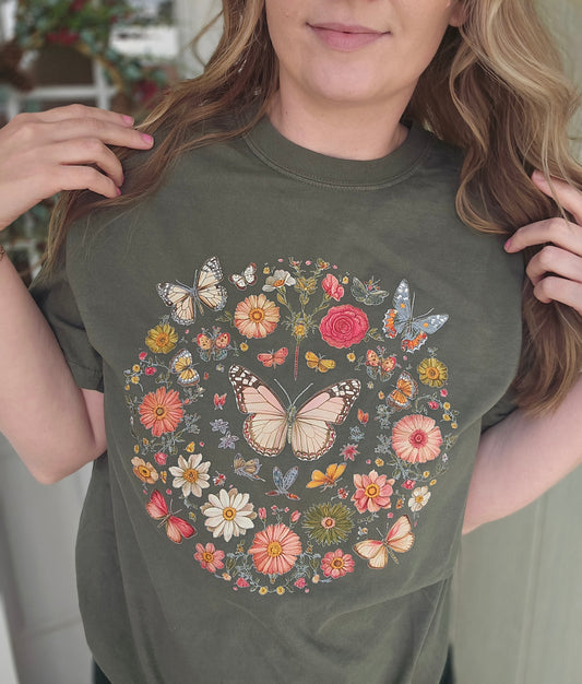 FLORAL BUTTERFLY Olive Vintage Wash Tee