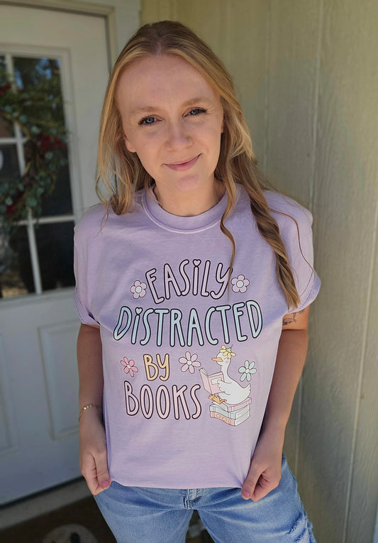EASILY DISTRACTED BY BOOKS Lavender Vintage Wash Tee