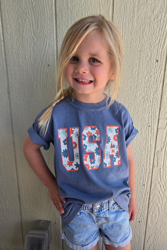 FLORAL USA Denim Blue Vintage Wash Short Sleeve Tee (YOUTH)