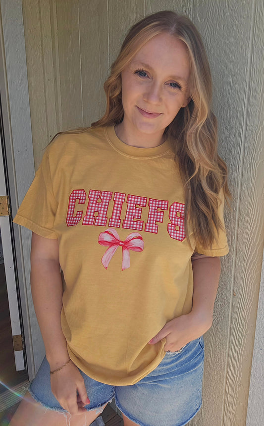 KC Gingham Bow Mustard Vintage Wash Tee