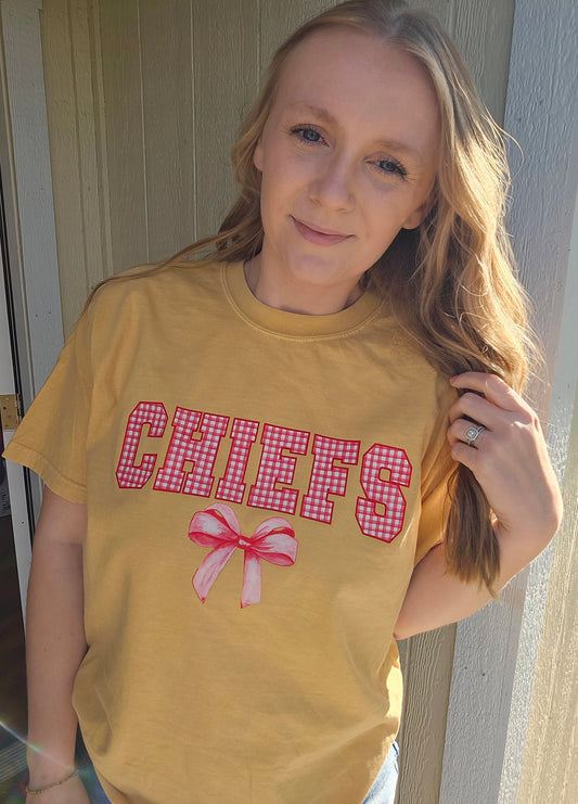 KC Gingham Bow Mustard Vintage Wash Tee