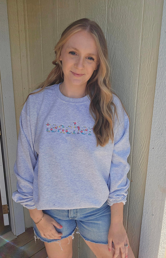 TEACHER Floral Embroidered Ash Grey Crewneck
