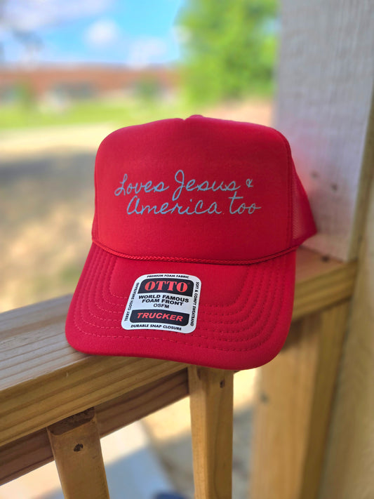 LOVES JESUS & AMERICA Red Trucker Hat