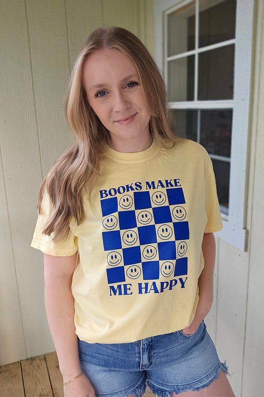 BOOKS MAKE ME HAPPY Butter Yellow Vintage Wash Tee