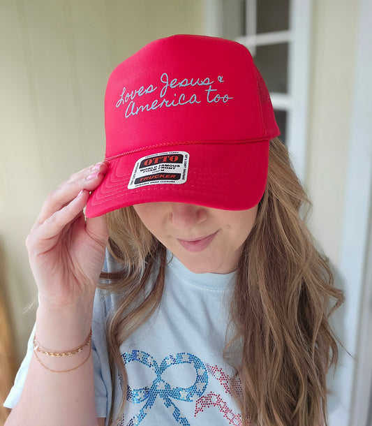 LOVES JESUS & AMERICA Red Trucker Hat