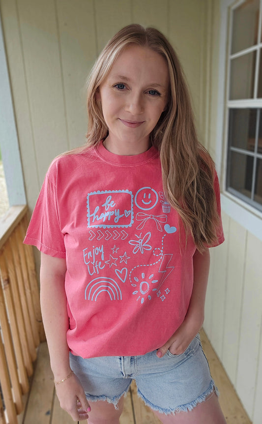 BE HAPPY Doodle Watermelon Vintage Wash Tee
