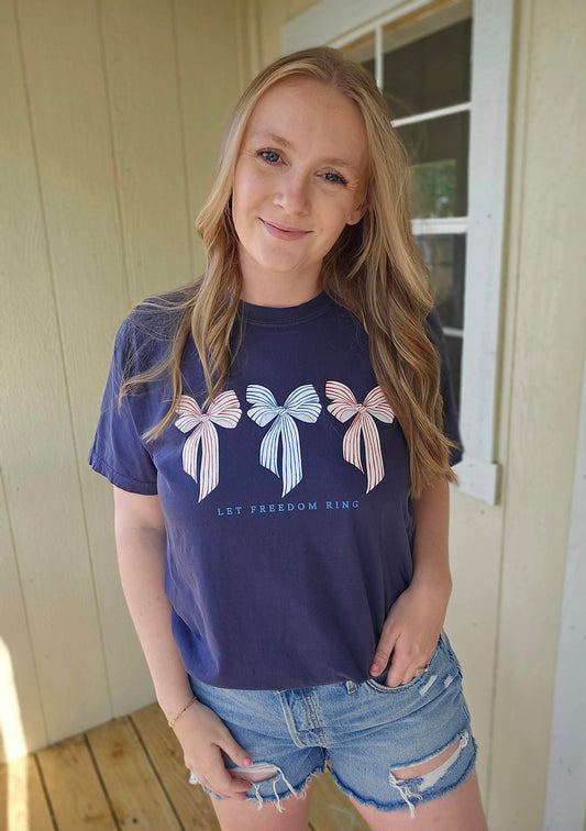 LET FREEDOM RING Bow Navy Vintage Wash Tee
