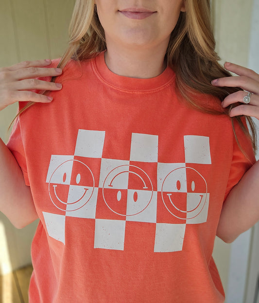 HAPPY CHECKER Neon Peach/Orange Vintage Wash Tee