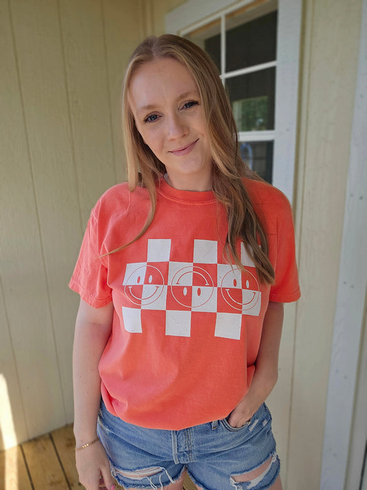 HAPPY CHECKER Neon Peach/Orange Vintage Wash Tee