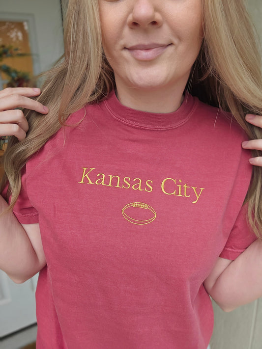 KANSAS CITY Simple Football Embroidered Red Vintage Wash Tee