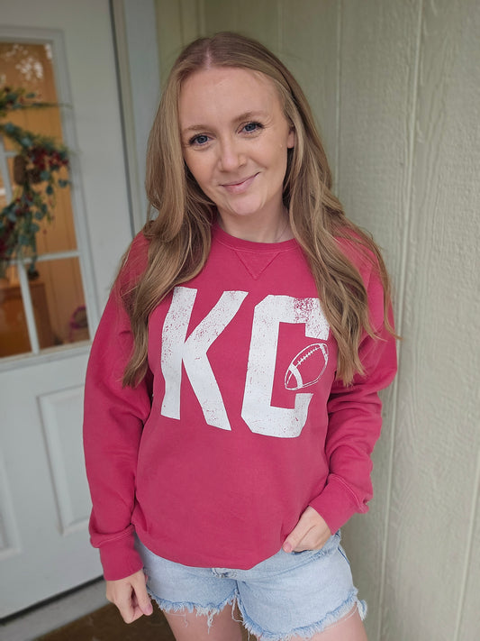 KC FOOTBALL Block Font Red Vintage Wash Crewneck