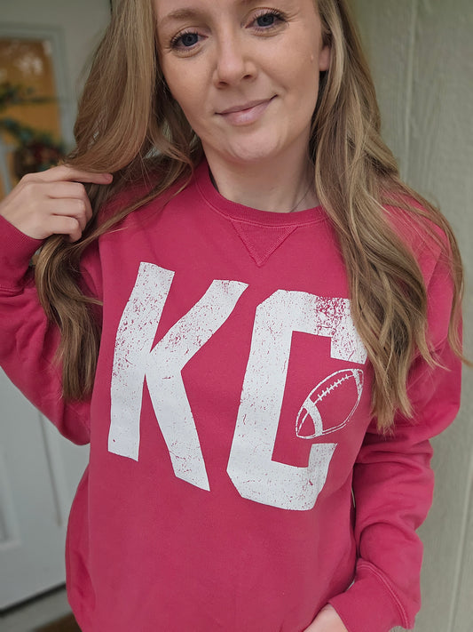 KC FOOTBALL Block Font Red Vintage Wash Crewneck