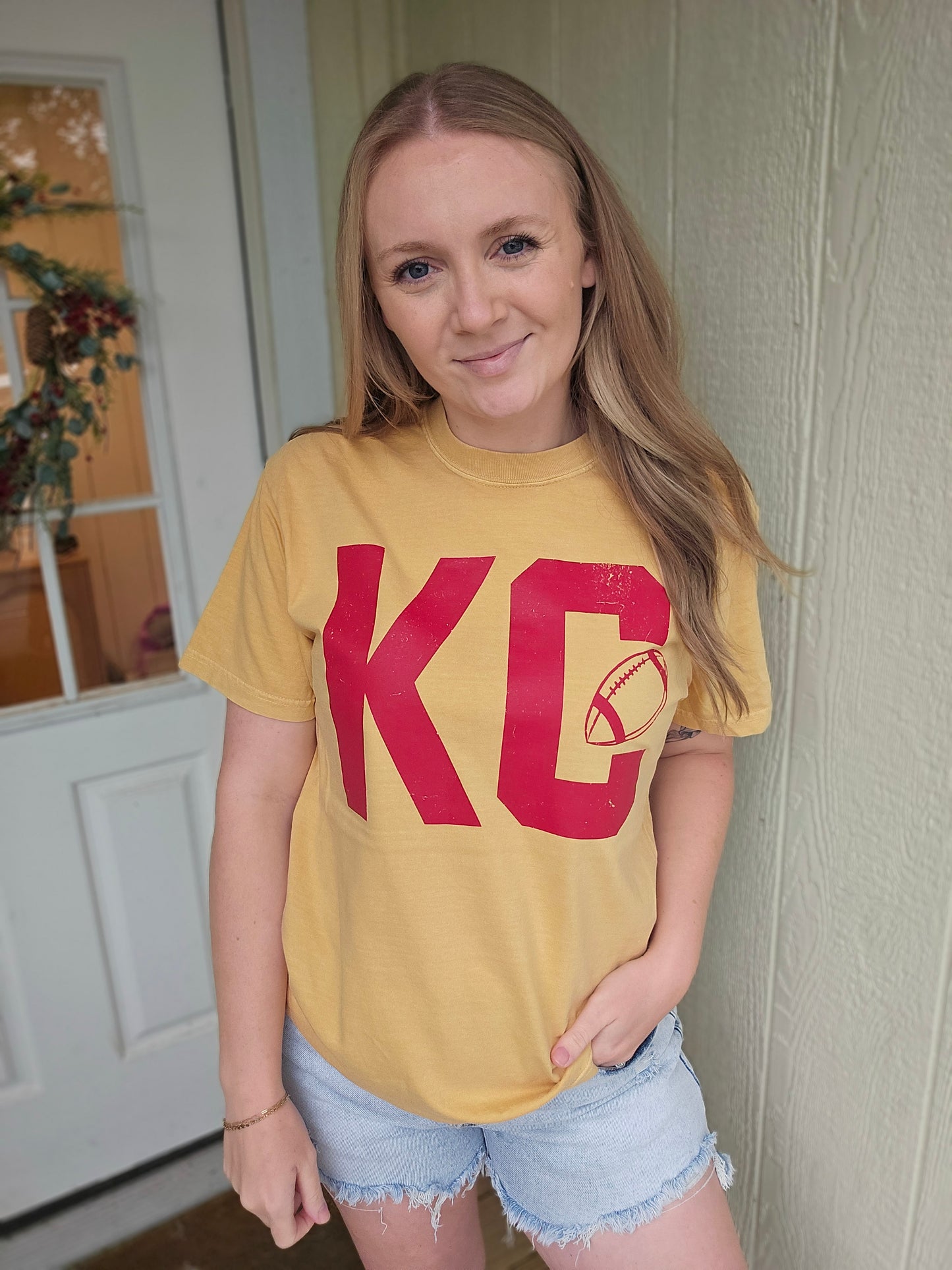 KC FOOTBALL Block Font Mustard Vintage Wash  Tee