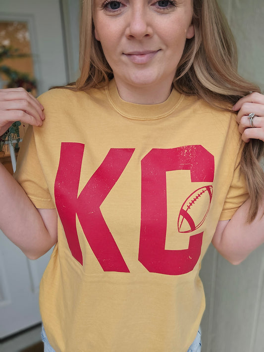 KC FOOTBALL Block Font Mustard Vintage Wash  Tee