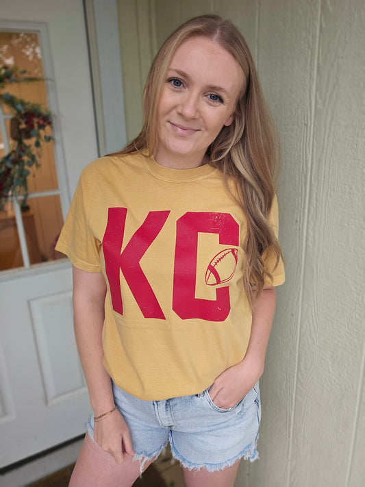 KC FOOTBALL Block Font Mustard Vintage Wash  Tee