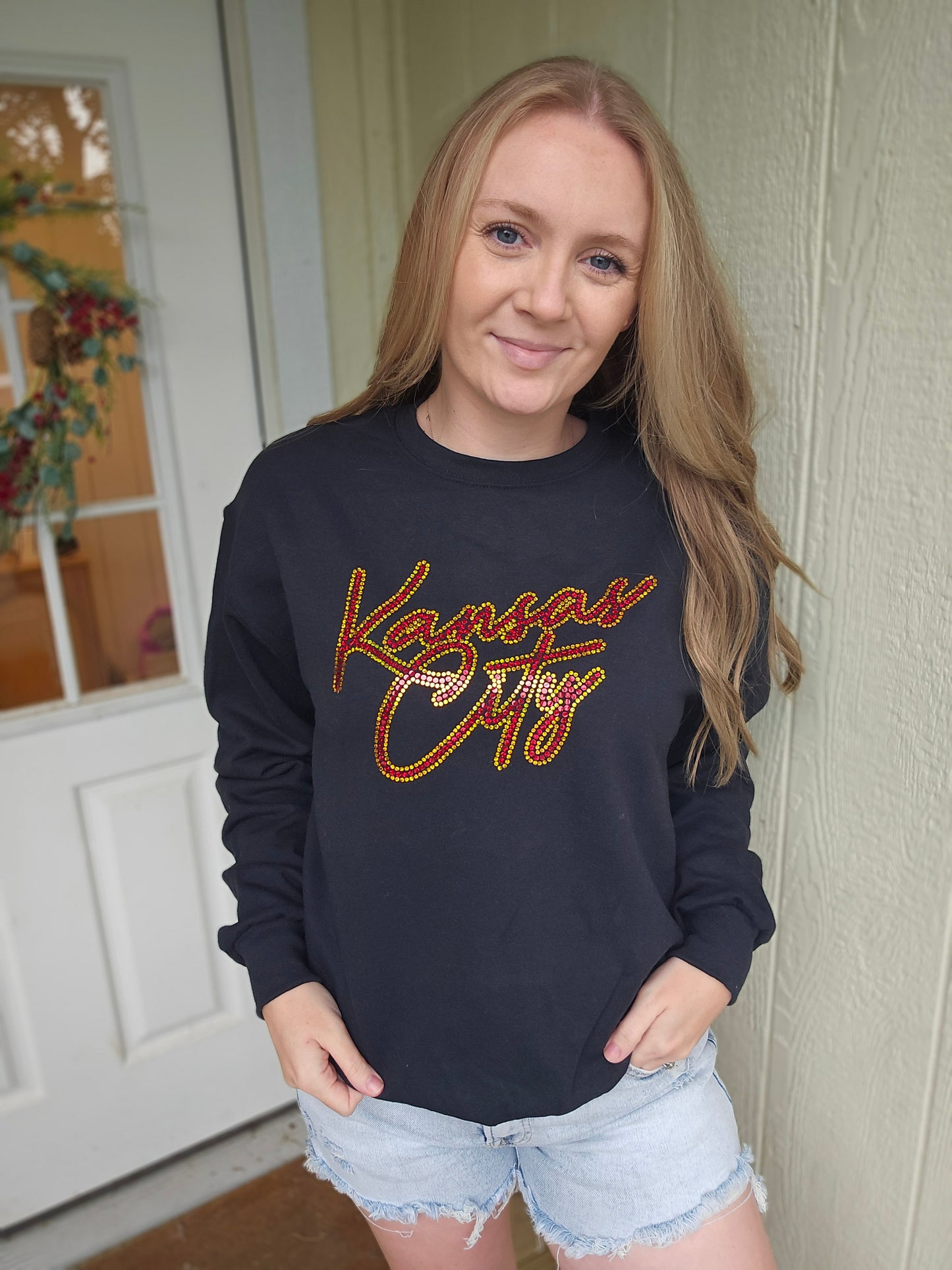 KANSAS CITY Script Spangle Black Crewneck Sweatshirt