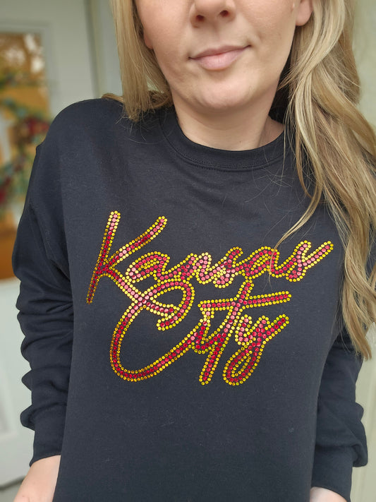 KANSAS CITY Script Spangle Black Crewneck Sweatshirt