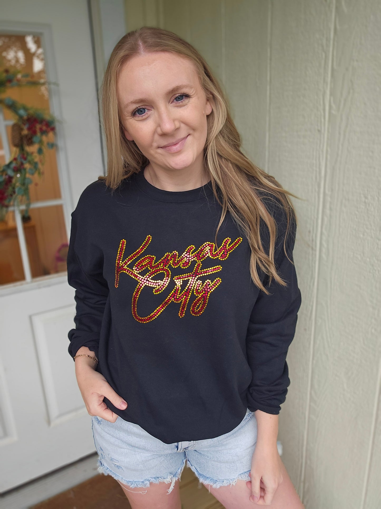 KANSAS CITY Script Spangle Black Crewneck Sweatshirt