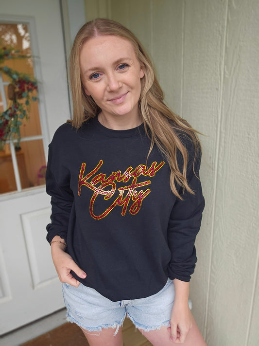 KANSAS CITY Script Spangle Black Crewneck Sweatshirt