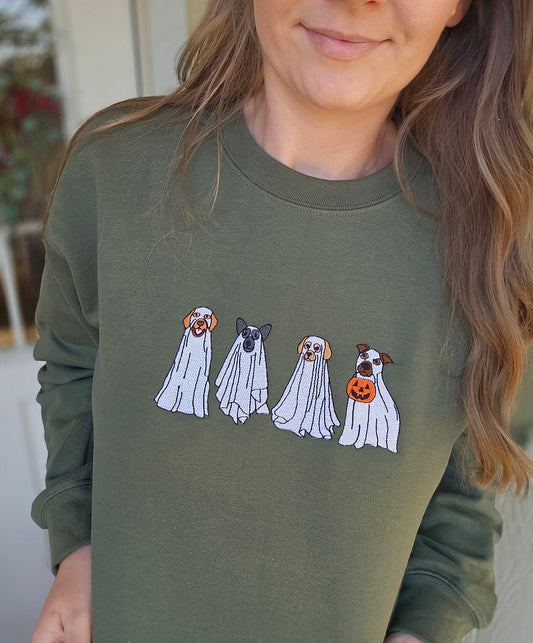SPOOKY GHOST PUP Military Green Embroidered Crewneck