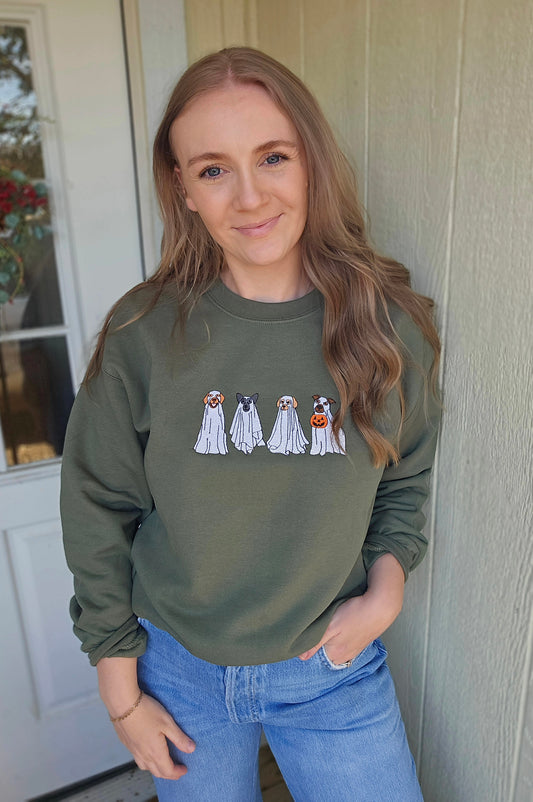 SPOOKY GHOST PUP Military Green Embroidered Crewneck