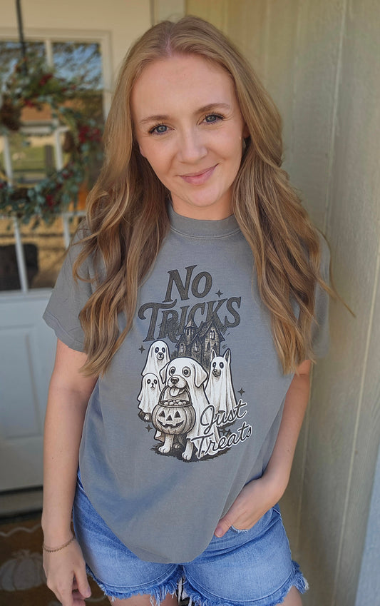 NO TRICKS JUST TREATS Grey Vintage Wash Tee