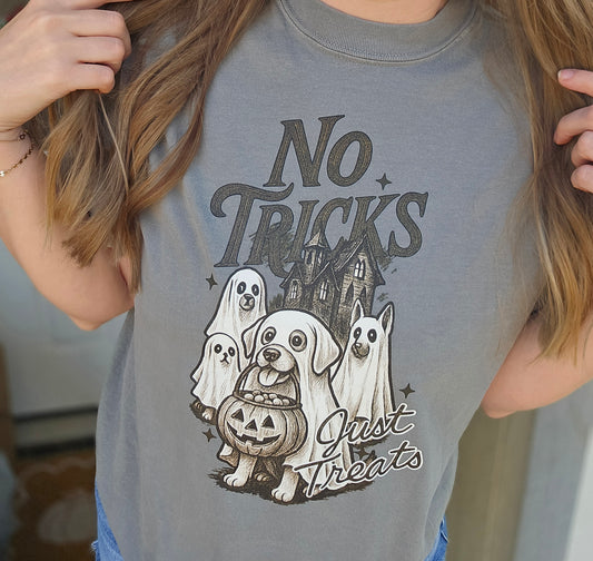 NO TRICKS JUST TREATS Grey Vintage Wash Tee