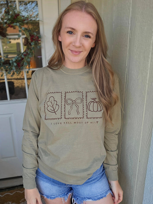I LOVE FALL MOST OF ALL Stamp Taupe Long Sleeve Tee