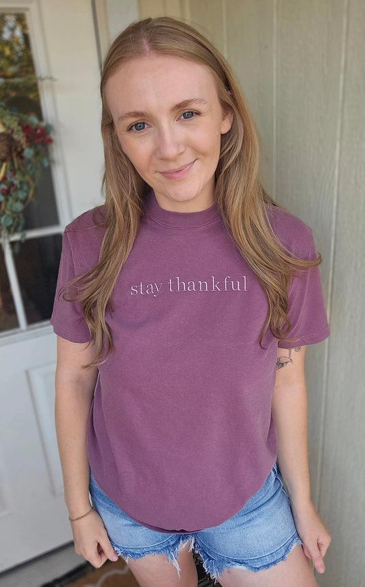 STAY THANKFUL Berry Embroidered Vintage Wash Tee