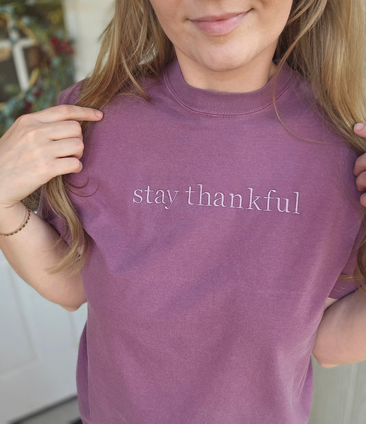 STAY THANKFUL Berry Embroidered Vintage Wash Tee