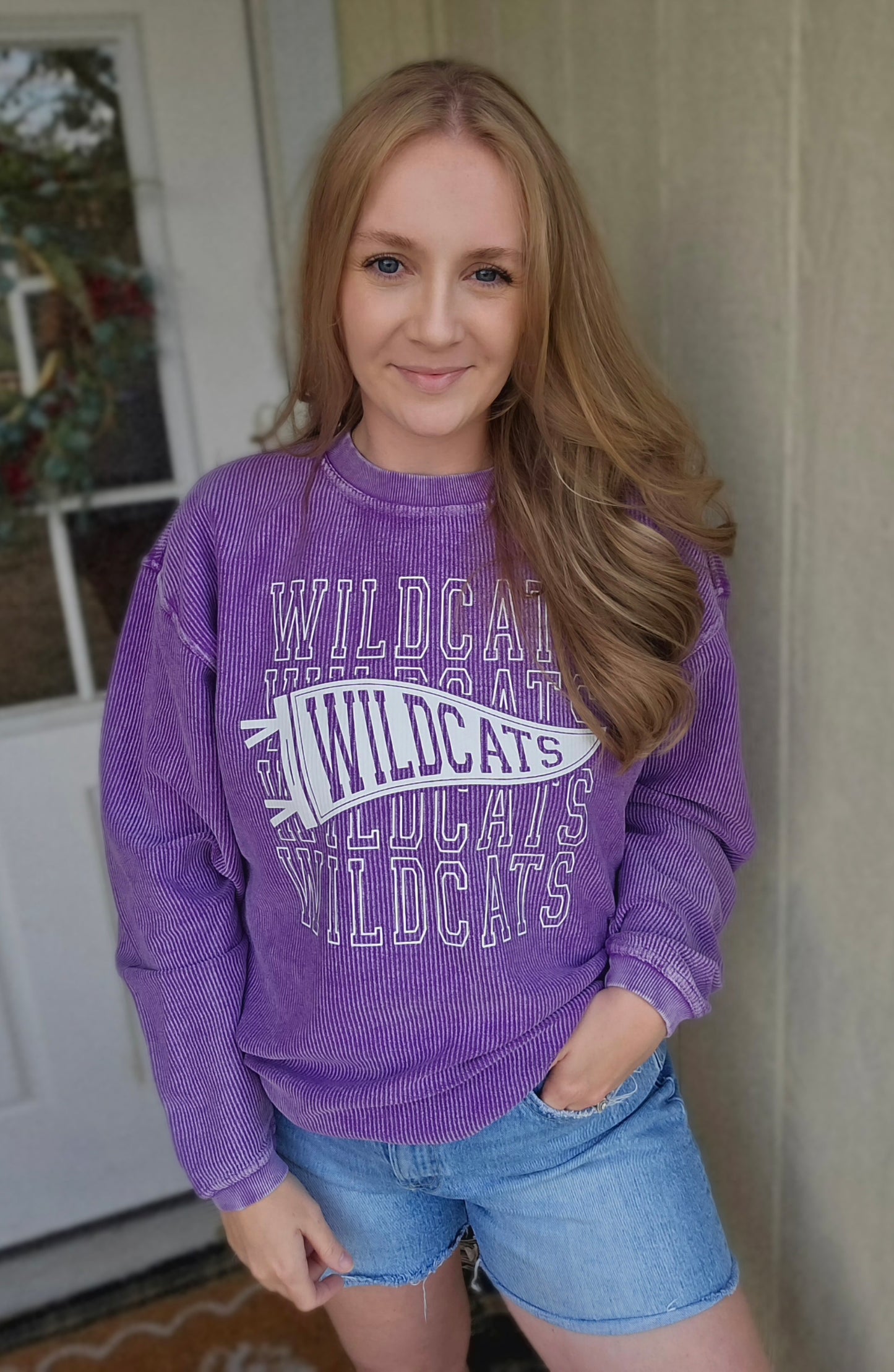 WILDCATS PENNANT Purple Corded Crewneck Sweatshirt
