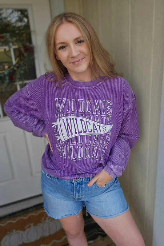 WILDCATS PENNANT Purple Corded Crewneck Sweatshirt