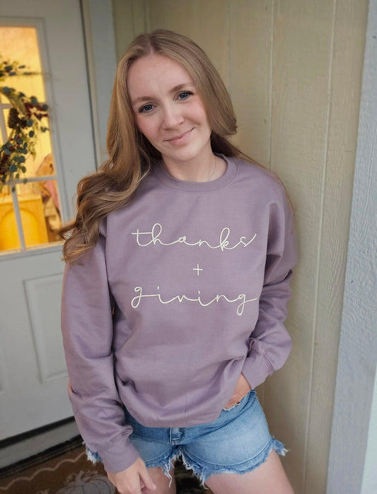THANKS + GIVING *PUFF* Dusty Purple Crewneck Sweatshirt