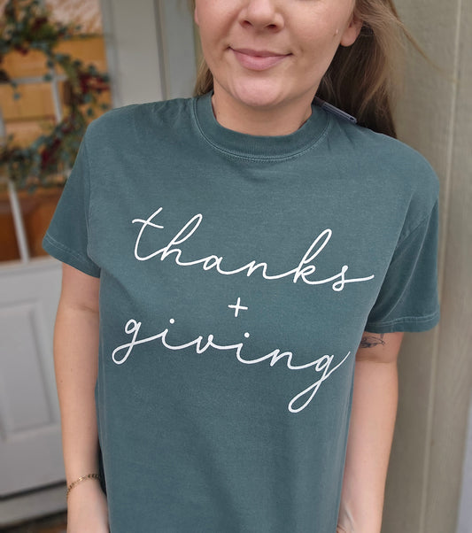 THANKS + GIVING Deep Green Vintage Wash Tee