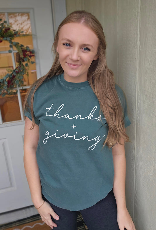 THANKS + GIVING Deep Green Vintage Wash Tee